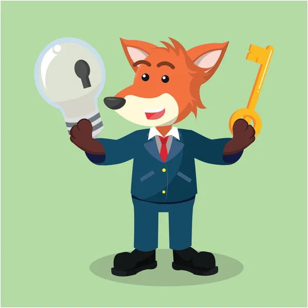 Business fox przytrzymaj żarówkę i klucze — Wektor stockowy