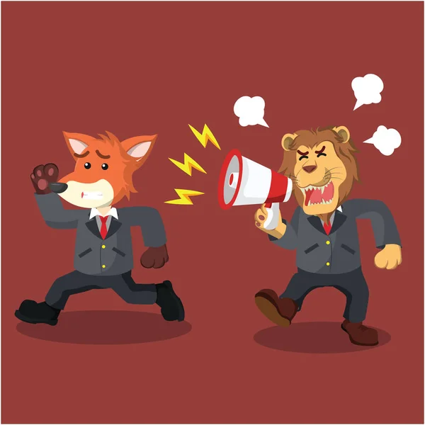 Business lion yelling angry at running business fox — Stock Vector