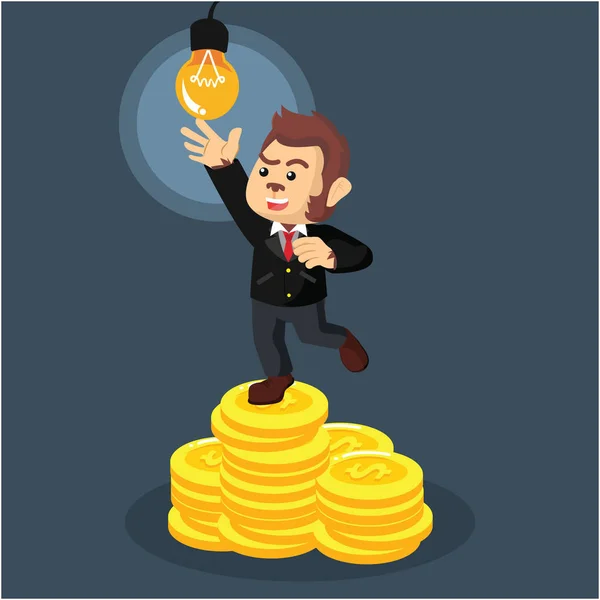 业务猴子试图达到灯泡的硬币堆栈上 — 图库矢量图片
