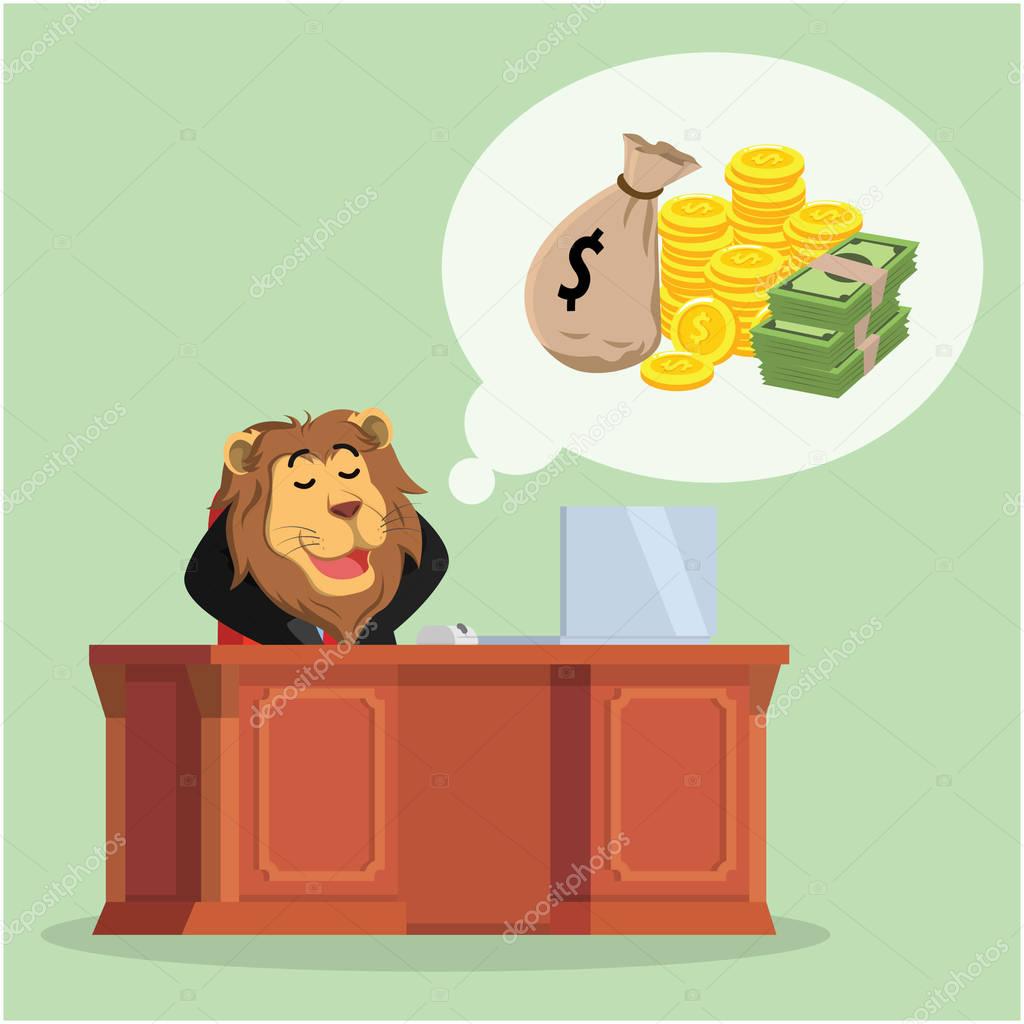 business lion thinking about money