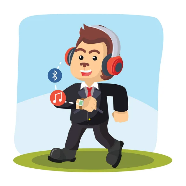 Business monkey walking hearing music from his smart watch — Stock Vector