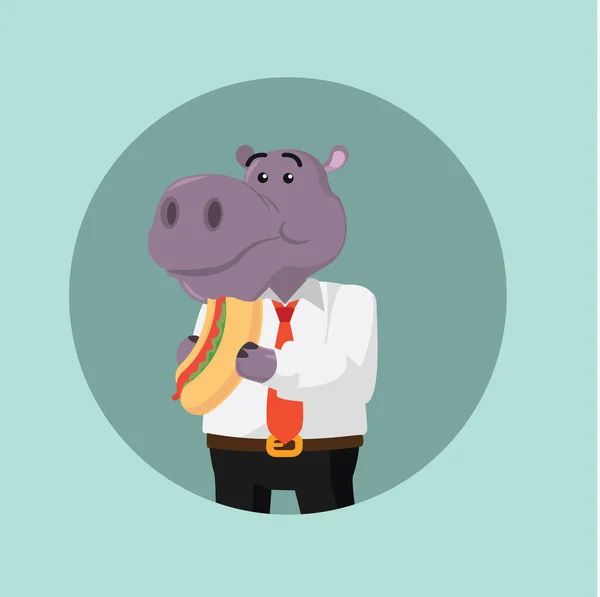 Negocio hipopótamo comer hotdog — Vector de stock