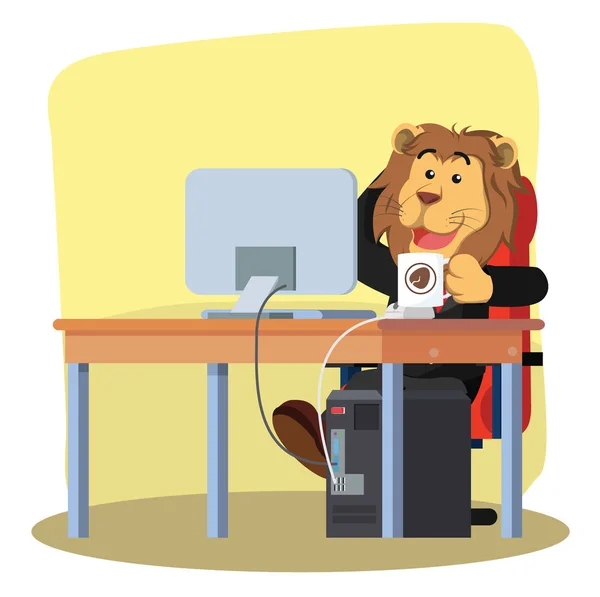 Negócio leão beber café enquanto trabalhava — Vetor de Stock