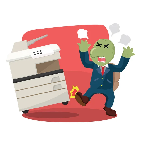 Business turtle angry kicking photocopy machine — Stock Vector