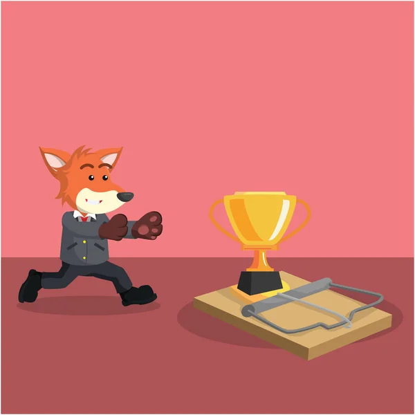 Renard d'affaires courir dans le piège de la souris avec trophée — Image vectorielle