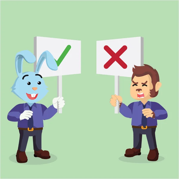 Singe d'affaires et lapin d'affaires tenant signe — Image vectorielle