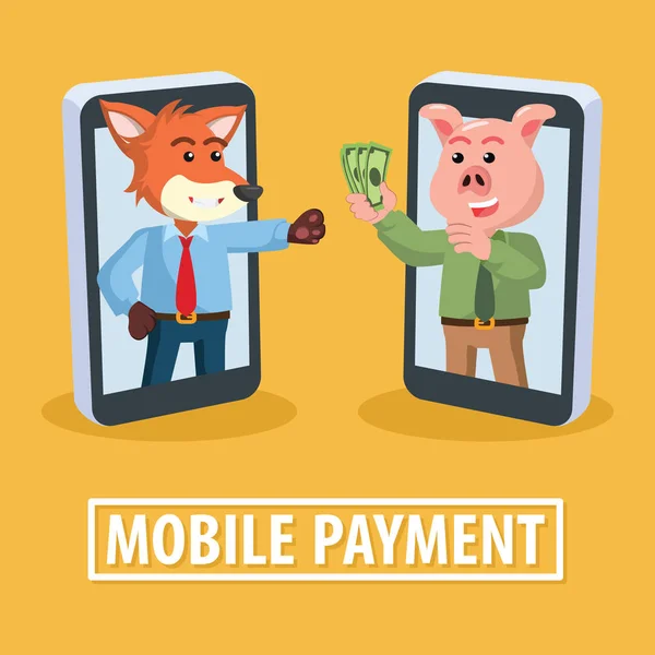 Świnia i fox Business zapłata mobilnych — Wektor stockowy