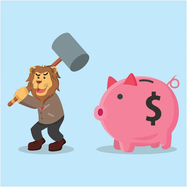 Negócio leão wan para esmagar porquinho banco — Vetor de Stock