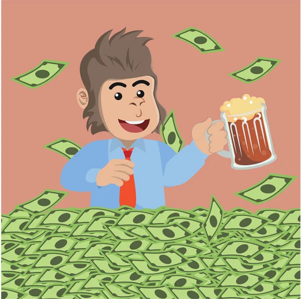 Negocio gorila holding cerveza mientras dinero baño — Vector de stock