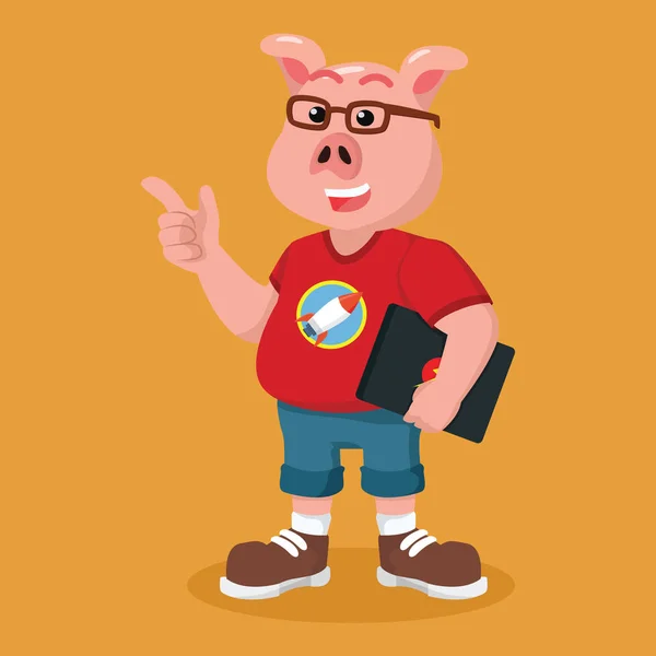 Fat pig nerd holding laptop — Stock Vector
