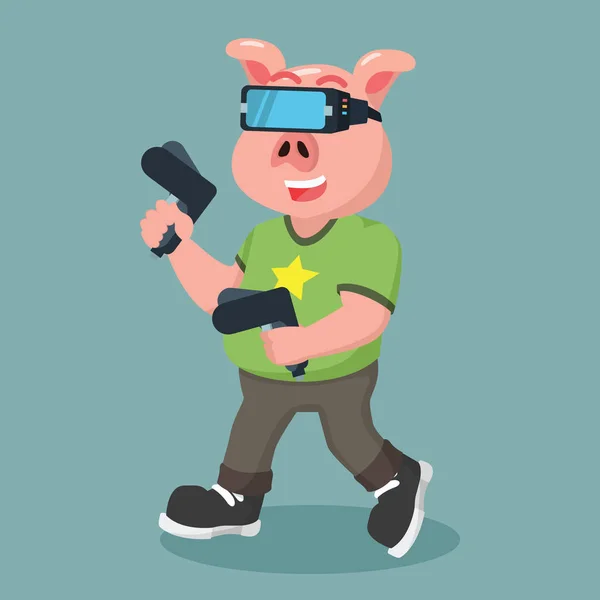 Gordura porco nerd jogar vr jogos —  Vetores de Stock