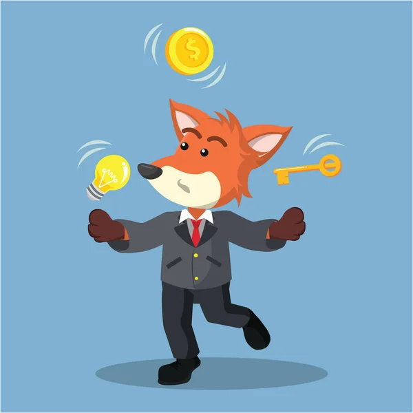 Negócio raposa malabarismo com bulbo moeda e chave — Vetor de Stock