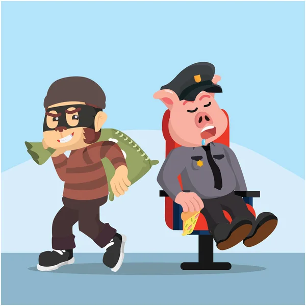 Fat police pig sleeping while thief monkey easy stealing Stock Vector Image  by ©funwayillustration #138558600