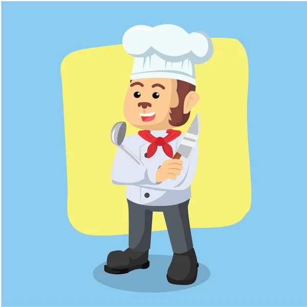 Chef singe tenant couteau et cuillère à soupe — Image vectorielle