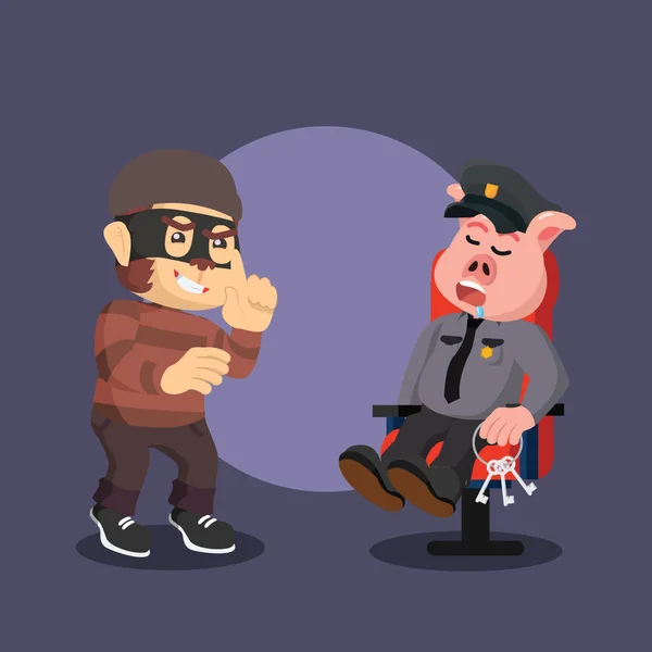 चोर बंदर पुलिस सूअर से कुंजी चोरी करने की योजना बना रहा है — स्टॉक वेक्टर