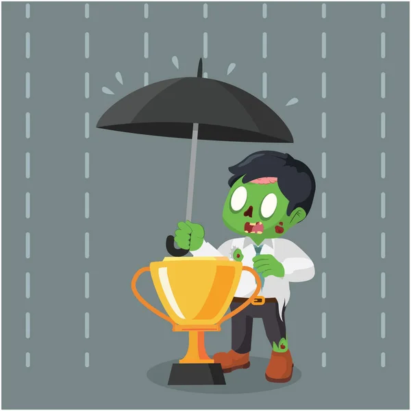 Zombie homme d'affaires couvrant trophée avec parapluie — Image vectorielle