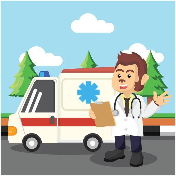 Medico scimmia in piedi in ambulanza anteriore — Vettoriale Stock