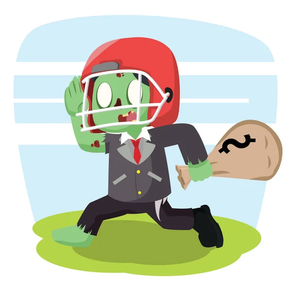 Zombie hombre de negocios con casco de fútbol llevar saco de dinero — Vector de stock