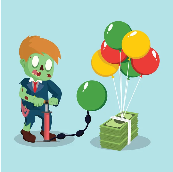Zombie podnikatel čerpání balónu na balík peněz — Stockový vektor