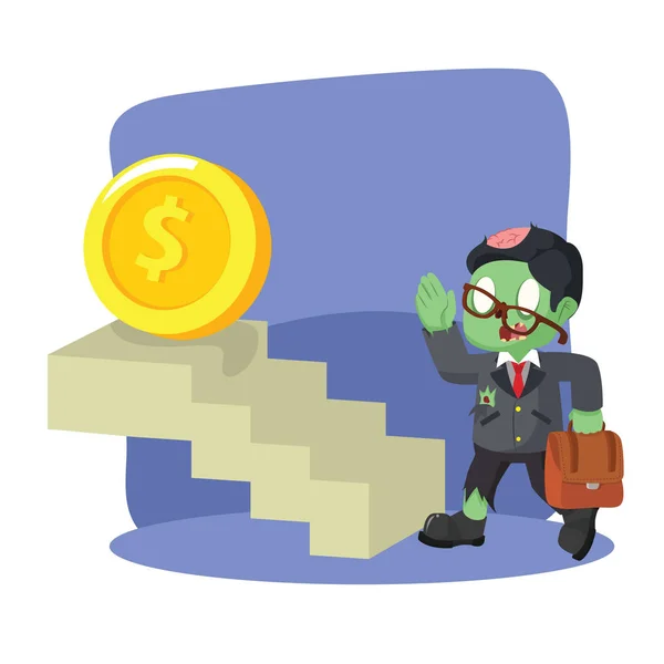 Zombie businessman taking stairs to coin — Stock Vector