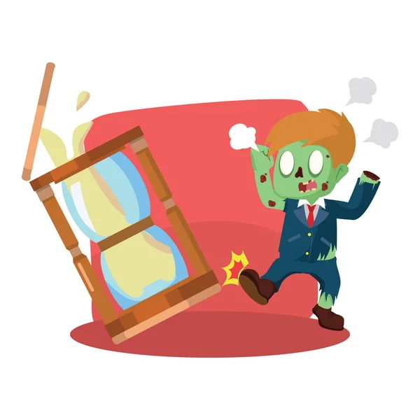Zombie businessman angry kicking hourglass — Stock Vector