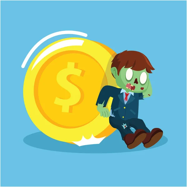 Zombie hombre de negocios tratando de mantener moneda gigante — Vector de stock