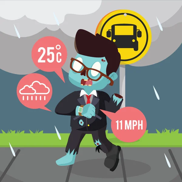 Zombie businessman checking weather with his smart watch — Stock Vector