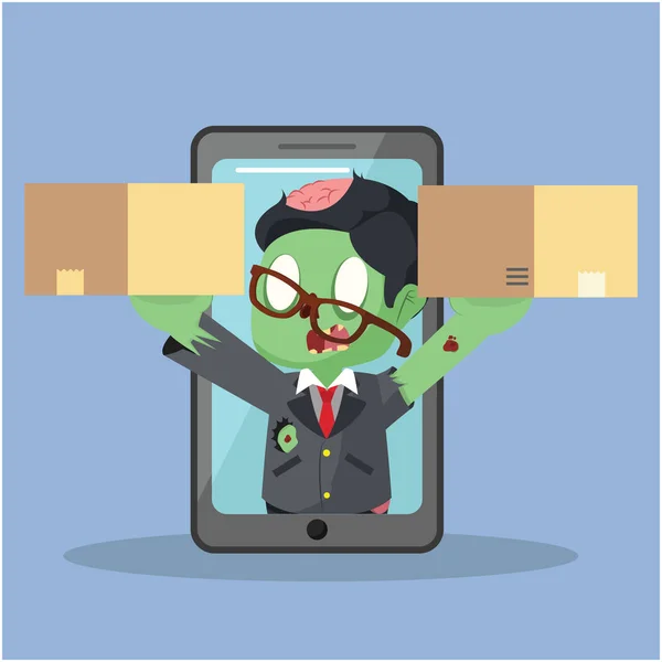 Zombie businessman get out from phone with two boxes — Stock Vector