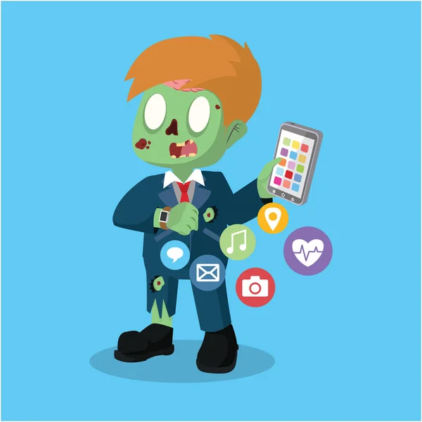 Zombie businessman transferring data from phone to smart watch — Stock Vector