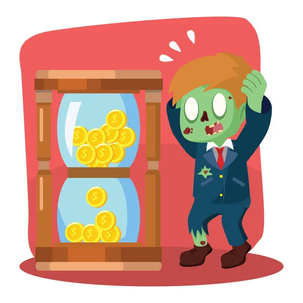 Zombie empresário pânico com ampulheta moeda — Vetor de Stock
