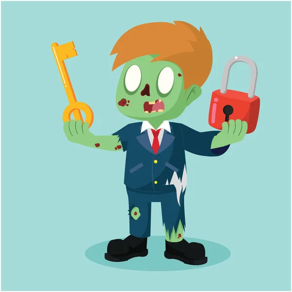 Zombie hombre de negocios con cerradura y llave — Vector de stock