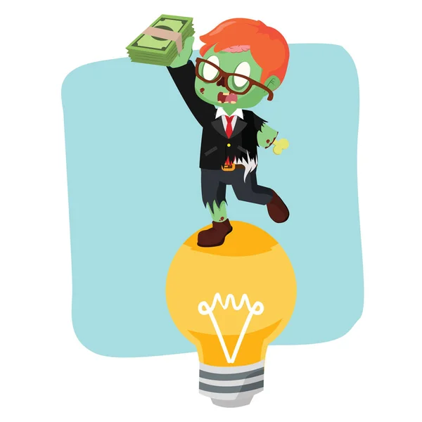 Zombie-Geschäftsmann auf Glühbirne mit Geld — Stockvektor