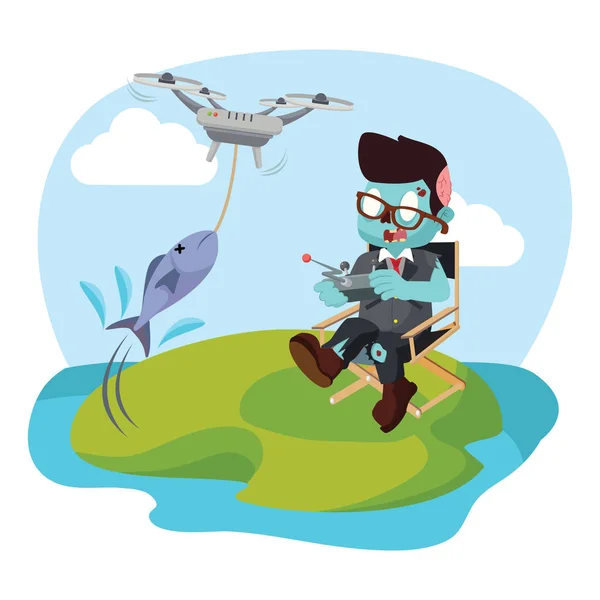 Zombi işadamı drone ile Balık tutma — Stok Vektör