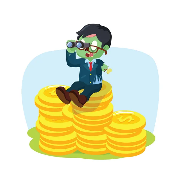 Zombie businessman on stack of coin with binocular — Stock Vector
