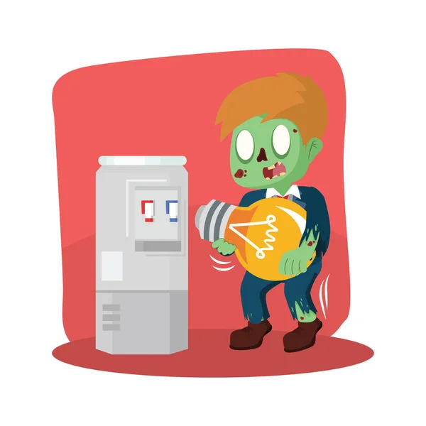 Zombie businessman trying to fill dispenser with bulb — Stock Vector