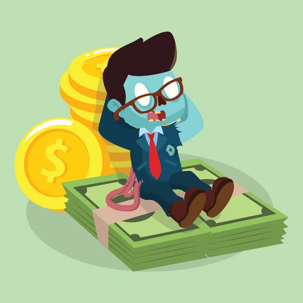 Zombie businessman laying on money — Stock Vector