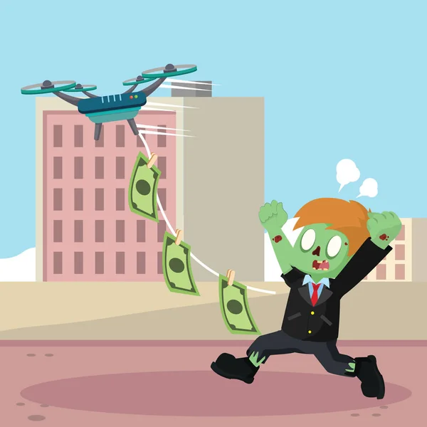 Zumbi drone voando transportando dinheiro em cadeia — Vetor de Stock
