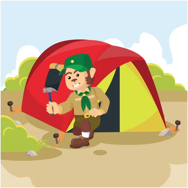 Monkey scout preparing tent — Stock Vector