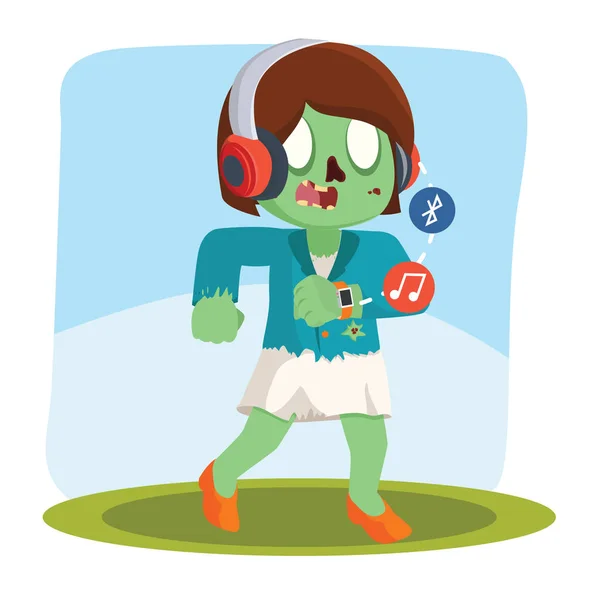 Zombie femme d'affaires marchant musique auditive de sa montre intelligente — Image vectorielle