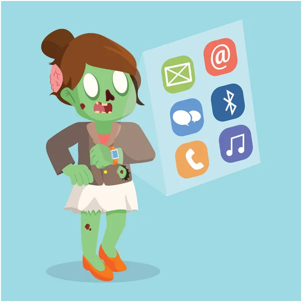 Zombie femme d'affaires en choisissant le menu de l'interface montre intelligente — Image vectorielle