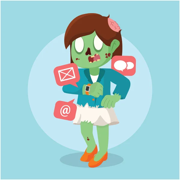 Zombie femme d'affaires recevant un e-mail de montre intelligente — Image vectorielle