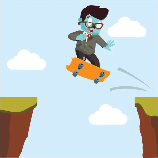 Zombie businessman crossing the cliff with skateboard — Stock Vector