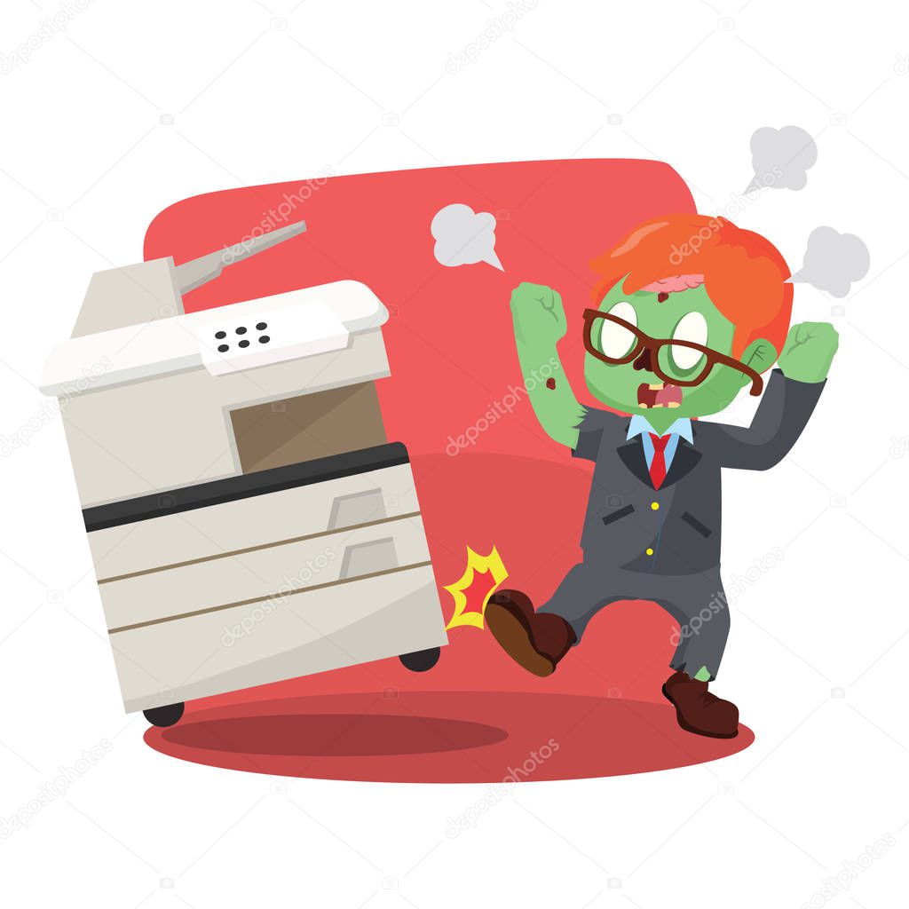 zombie businessman angry kicking photocopy machine