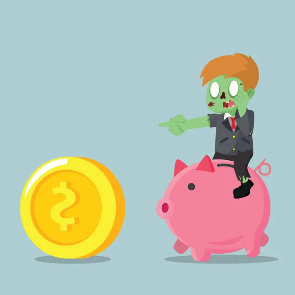 Zombie empresário equitação piggybank perseguindo moeda —  Vetores de Stock