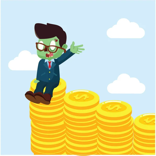 Zombie zakenman genieten op stapel van munten — Stockvector