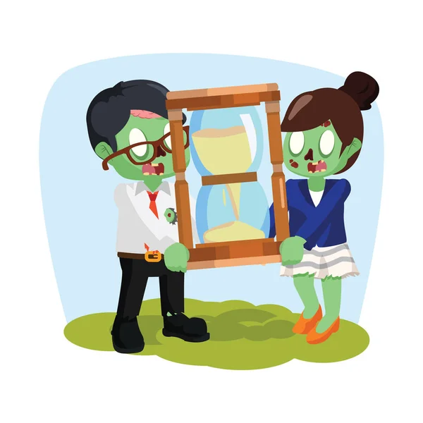 Zombie hombre de negocios y mujer de negocios celebración de reloj de arena gigante — Vector de stock