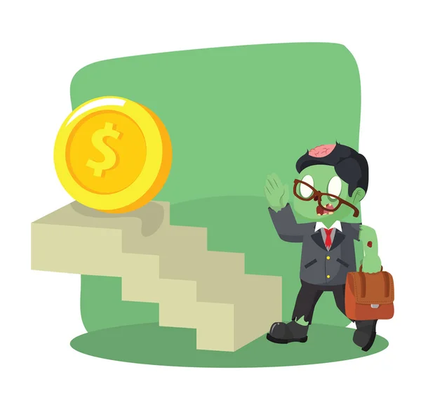 Zombie businessman taking stairs to coin — Stock Vector