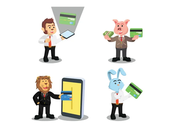 Animal de negócios com conjunto de desenhos animados de cartão de crédito —  Vetores de Stock