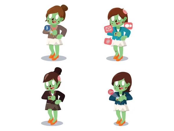 Zombie mujer de negocios con reloj inteligente conjunto de dibujos animados — Vector de stock