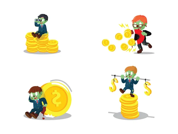 Zombie hombre de negocios con moneda de dibujos animados conjunto — Archivo Imágenes Vectoriales